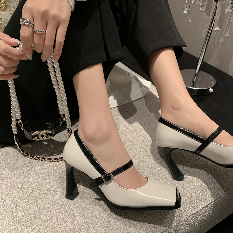 

Mary Jane Heels for Women in Genuine Leather — Audrey Hepburn & Chanel-Inspired Elegance — Color Block Design & Stiletto Heel
