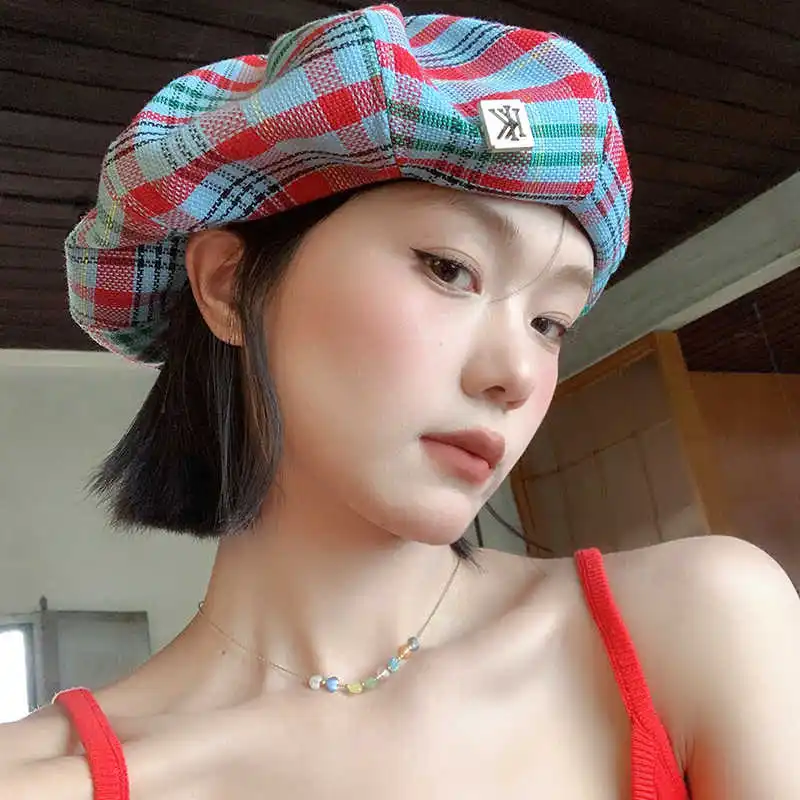 Retro Plaid Beret For Women, Hat Female Spring And Summer Japanese, Casual Literary Painter'S Hat Newsboy Hat