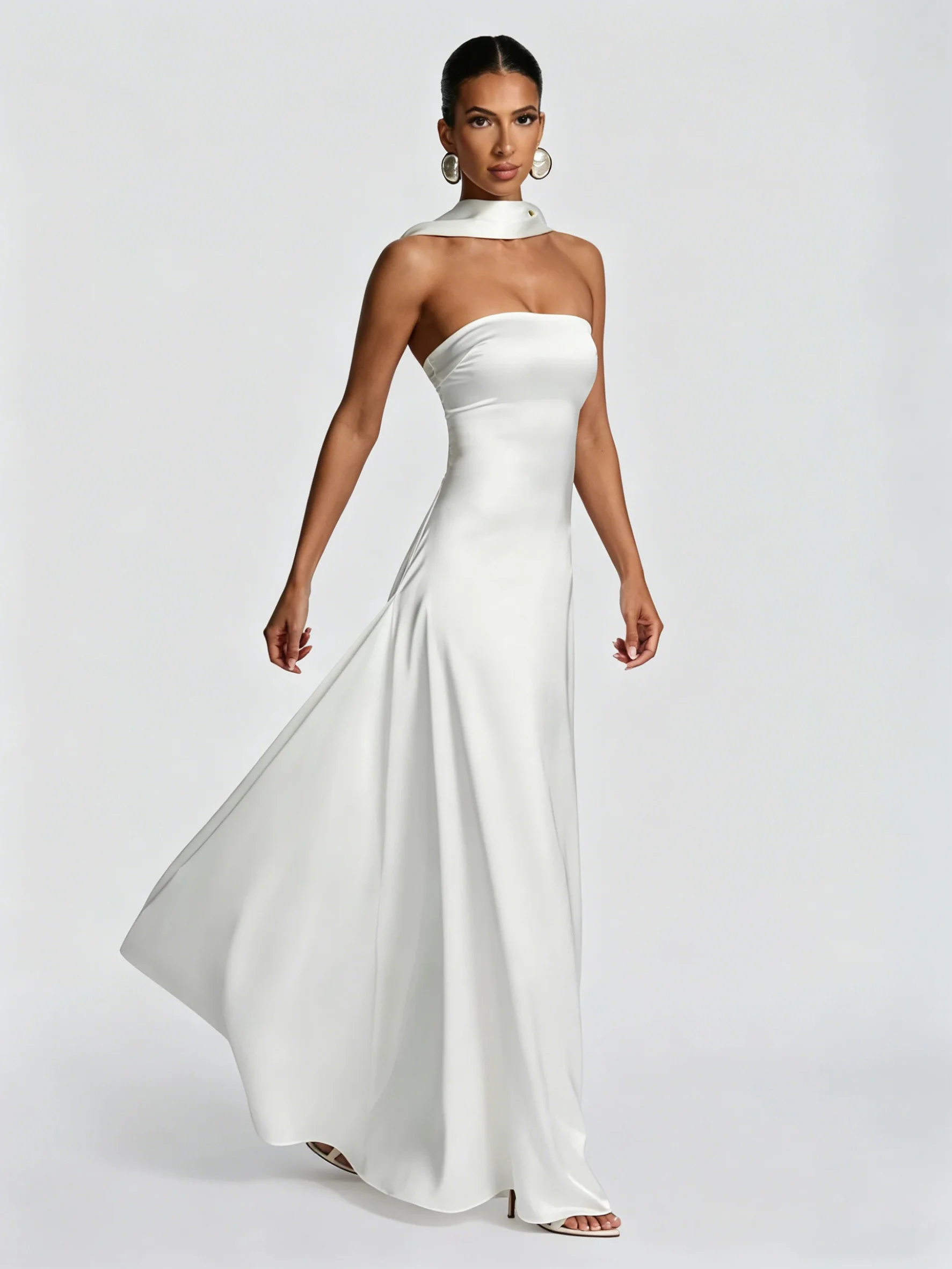 Elegant Ribbon Long Satin Wedding Dress Classic Strapless Backless Summer Lady Wedding Evening Valentine‘s Day Gown