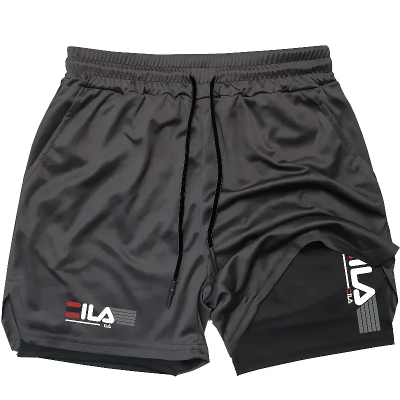 2 In 1 Men Running Shorts Quick Dry Breathable Double Layer Compression Liner Drawstring Printed Gym Training Sports Short Pants image 3