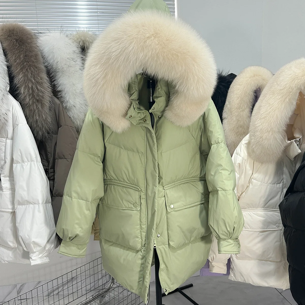 

Down Jacket Women 2023 New Winter Korean Version Thickened Fashionable Large Fur Collar Mid-Length White Duck Down Coat