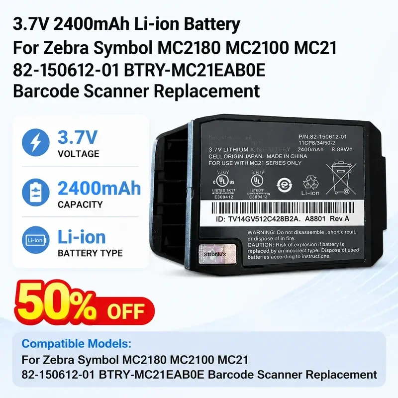 

3.7V 2400mAh Li-ion Battery For Zebra Symbol MC2180 MC2100 MC21 82-150612-01 BTRY-MC21EAB0E Barcode Scanner Replacement