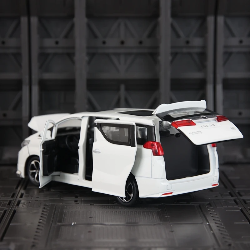 1:32 modelo de liga de veículo comercial Toyota Alphard MPV, portas e capô do motor, porta-malas pode ser aberto com brinquedos