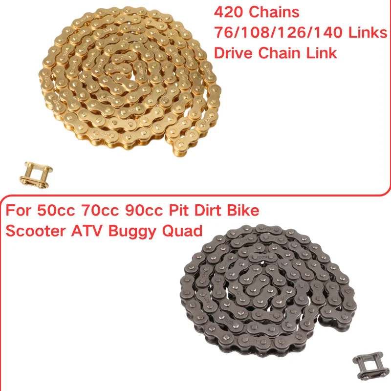 Cadena de transmisión para motocicleta 420 con eslabón maestro de repuesto para motos de cross de 50cc, 70cc, 90cc, 110cc, 125cc, Go Kart, scooters, ATV, Quad, Buggy