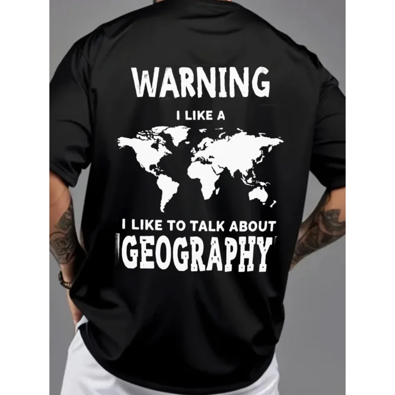 تي شيرت رجالي أسود تحذير أحب خريطة العالم أحب التحدث عن الجغرافيا المطبوعة نمط قطن عالي الجودة 180 جرام