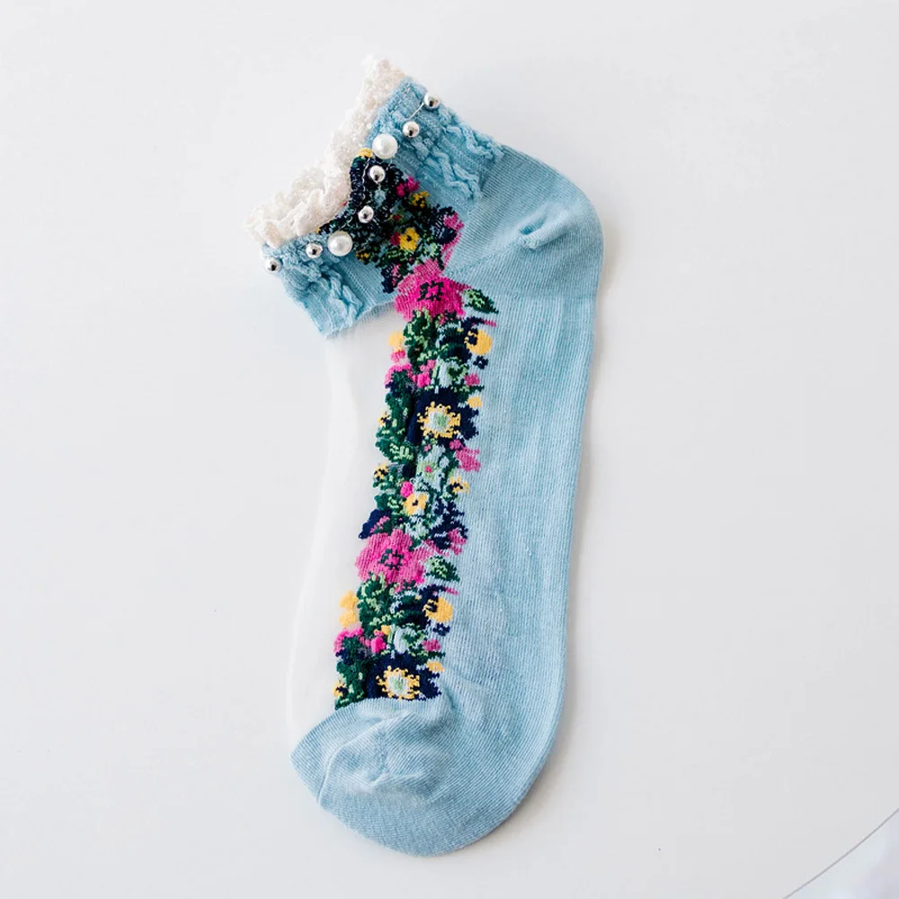 Cute Fashion Spring Shallow Mouth Mesh Summer Embroidery Flowers Socks Boat Socks Hosiery Short Socks