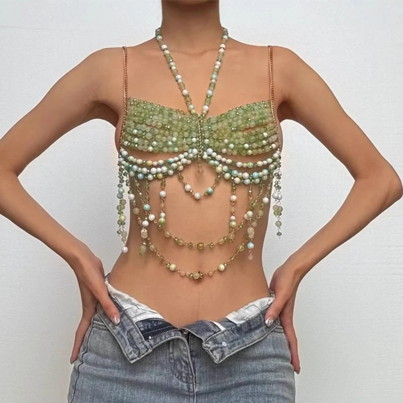 

Handmade Hallow Out Backless Crystal Beaded Body Chain Bralette Top Halterneck Multi Bead Drip Detail Cover Up Bralet In Green