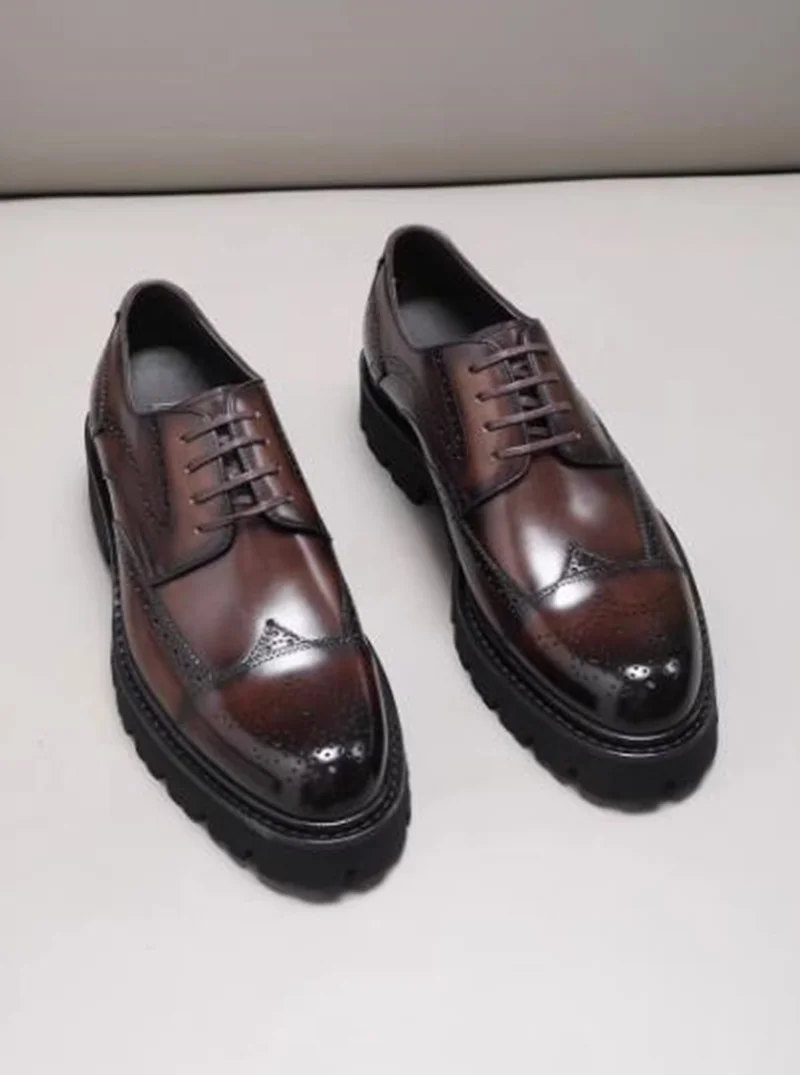 

New First-layer Cowhide Business Formal Derby Shoes For Men Anti-slip Thick soled 4cm Height-increasing Brogue Dress Shoes Man
