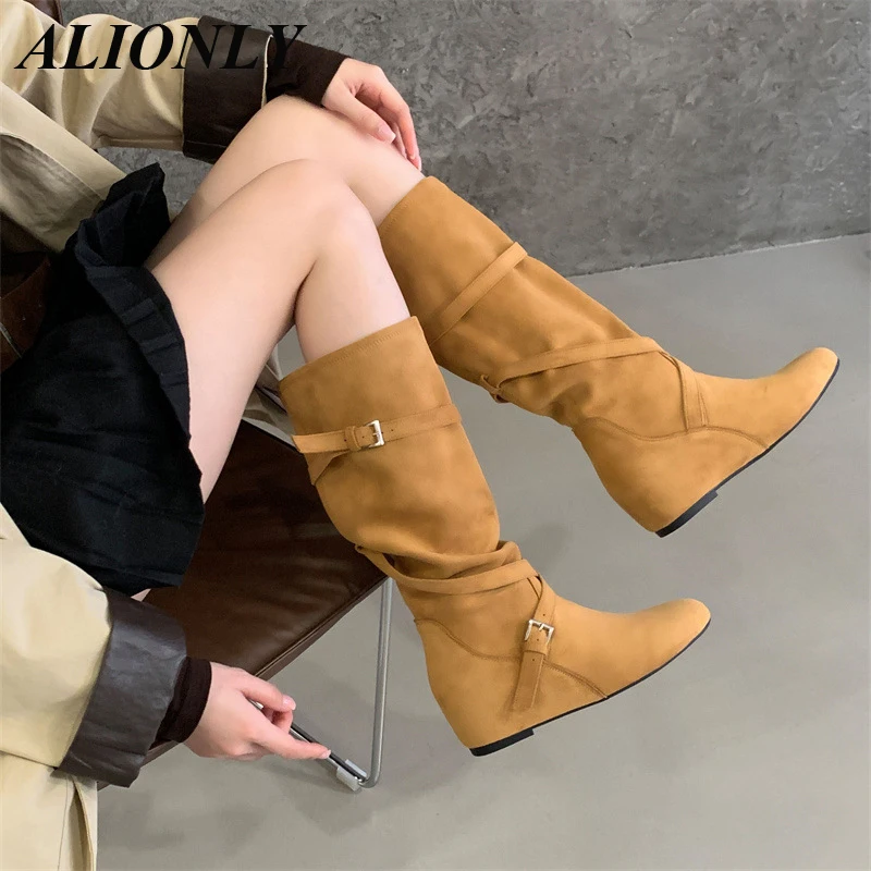

Alionly 2026 New Women Knee-High Boots Fashion Design Buckle Strap Pointed Toe Square Low Heels Female Shoes Zapatos De Mujer
