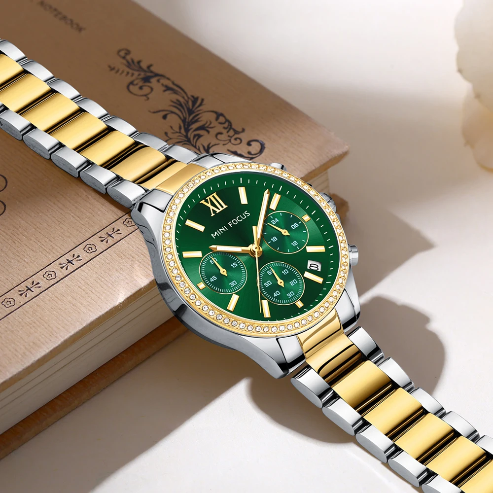 MINI FOCUS Green Dial Watch for Women with Diamonds Luxury Stainless Steel Gold Bracelet Watch 0617L