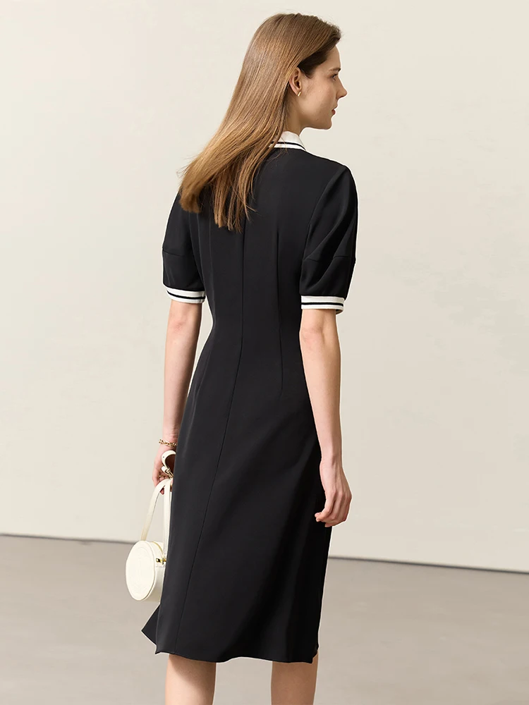 AMII Minimalism Office Lady Long Dress for Women 2023 Summer Polo Neck Contrasting Colors Loose Waist Female Vestidos 12342338