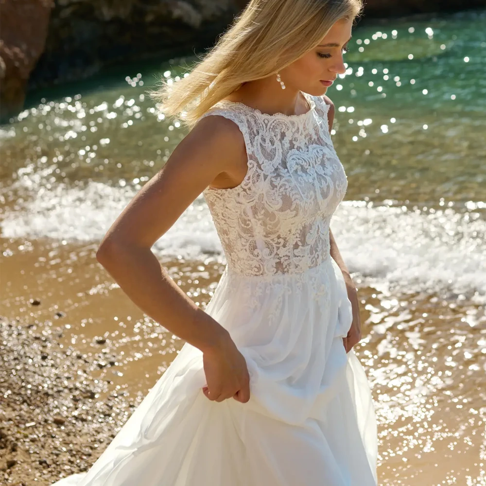 Abiti da sposa sexy con scollo a O Senza maniche da sposa Growns Abiti da sera lunghi fino al pavimento V sul retro Bottone personalizzato in pizzo сassenдебное пла coiе