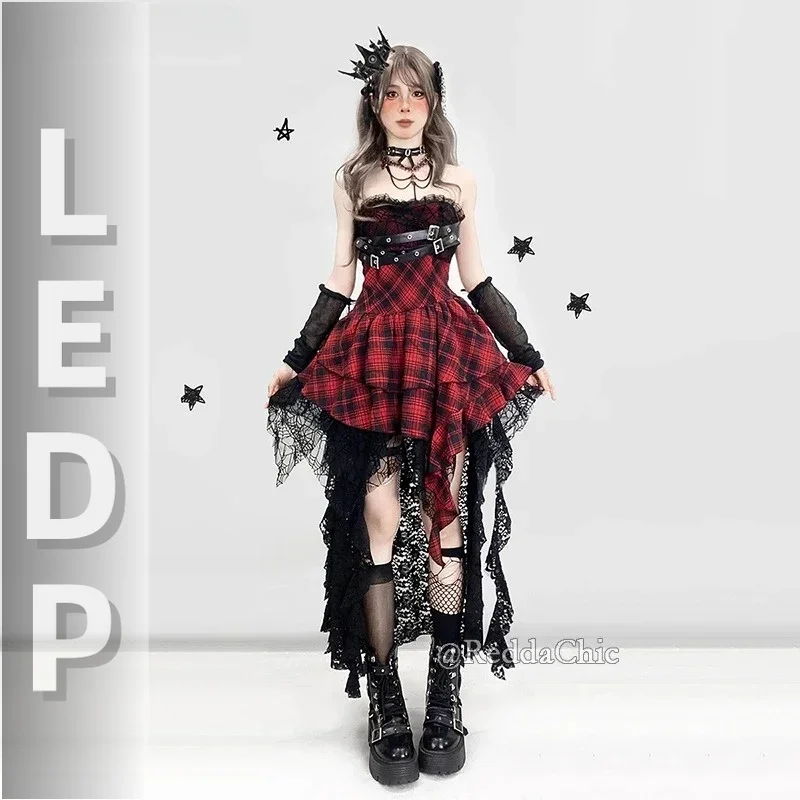 IMU Steampunk Trailing Hi-Lo Skirt Dress Set Plaid Belted Corset Stitch Lace Spider Web Mini Cake Dress Goth Women Clo