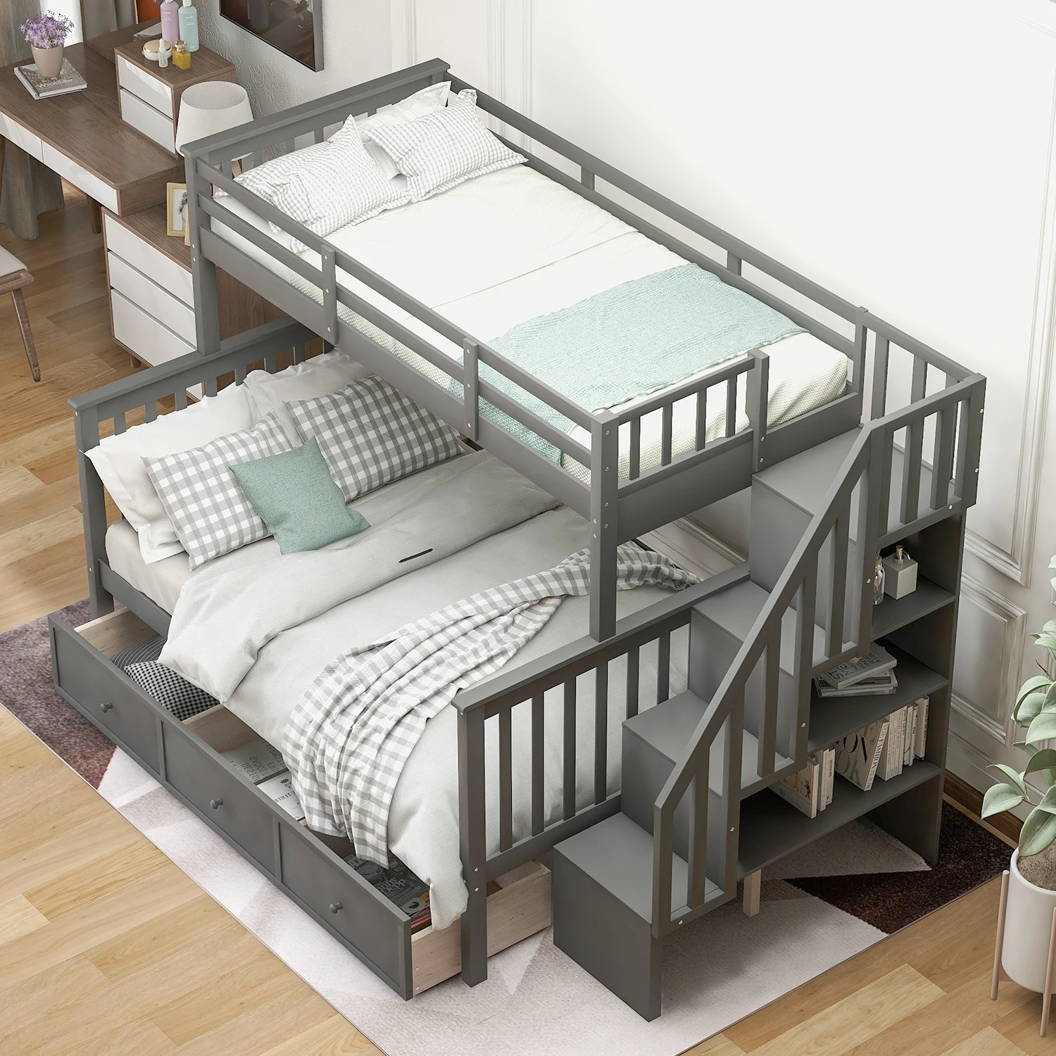 Stairway Twin-Over-Full Bunk Bed w/ Drawer, Storage, Guard Rail, Adults, Gray Color