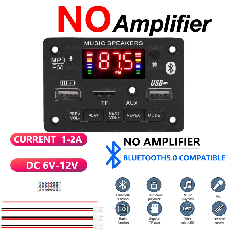 Bluetooth 5.0 MP3 Decoder Board, Audio Player Module with USB/TF/FM/AUX, Mic Input & Remote, DC 6-12V (No Amplifier)