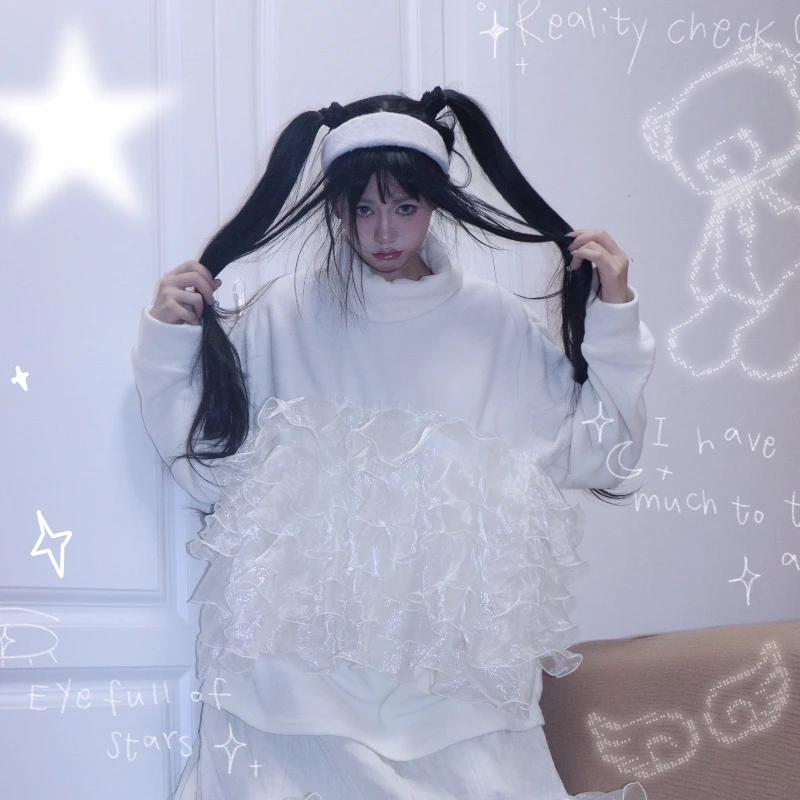 Otoño Invierno blanco nuevo terciopelo granular encaje cuello alto mujer Top diseño Original versátil manga larga bolsillo sudadera chica