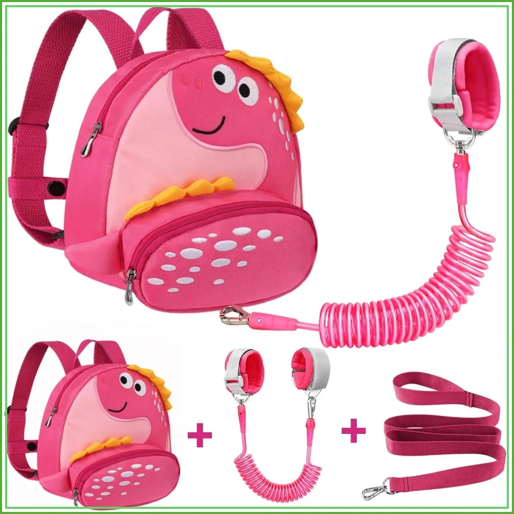 Cute Dinosaur Toddler Backpack with Safety Leash & Wrist Link, Anti-Lost Harness for Baby Girls, Pink