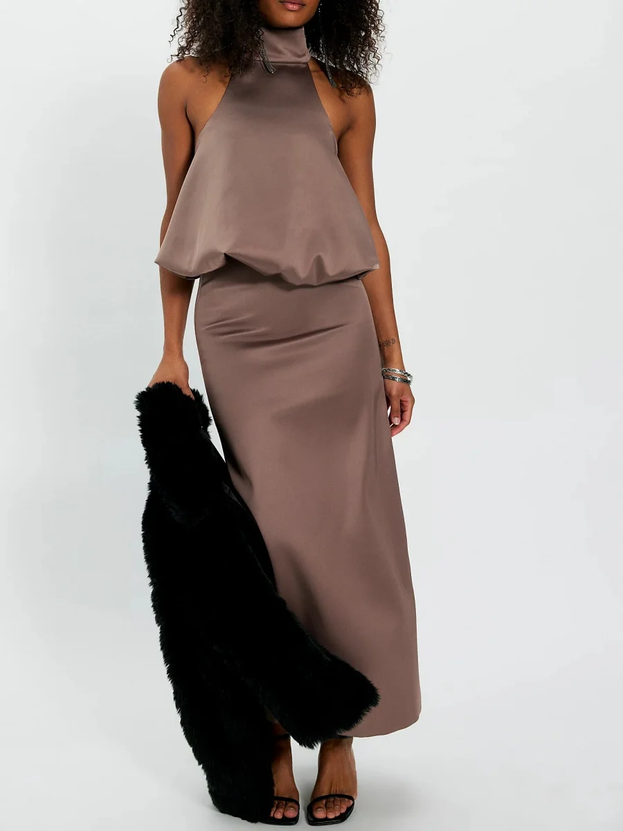 

Women Satin Skirt Set Lace Trim Mock Neck Backless Tops Asymmetry Hem Maxi Skirt Y2k Silky Going Out Outfits