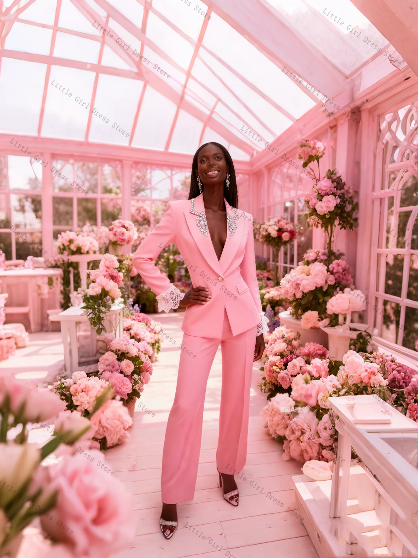 

Розовый кружевной женский костюм-двойка: пиджак и брюки с кристаллами, для офиса, выпускного, свадьбы, невесты, на заказ