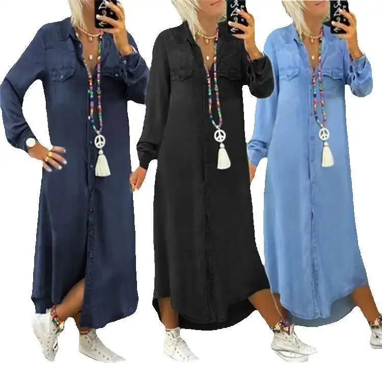 Shirt Jeans Dress Women Long Dresses Turn Down Collar Solid Elegant Splice Single Breasted Full Sleeve Loose Vestidos Summer