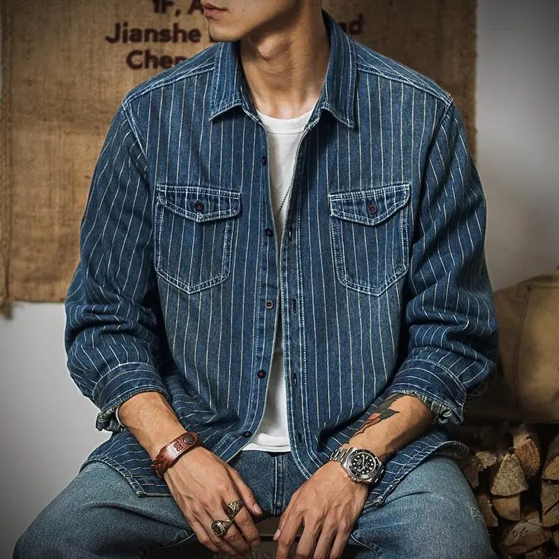 

Heavy Cotton Denim Striped Shirt Denim Shirts American Retro Cleanfit Jacket Clothing Shirts for Men Cargo Streetwear Blouse