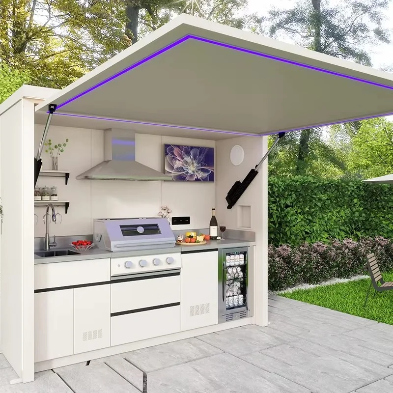 Most Popular Stainless Steel Remote Control Outdoor Kitchen with Shed Modular Sink BBQ Pod for Garden Chrome Plated