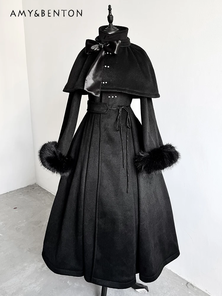 

2025 Autumn Winter New Dark Gothic Retro Style Bowknot Cape Long Sleeve High Waist Long A-line Dress Two-piece Set