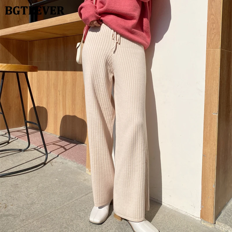 

BGTEEVER Autumn Winter Elastic High Waist Ladies Knitted Wide Leg Trousers Casual Lace-up Loose Buttons Women Sweater Pants