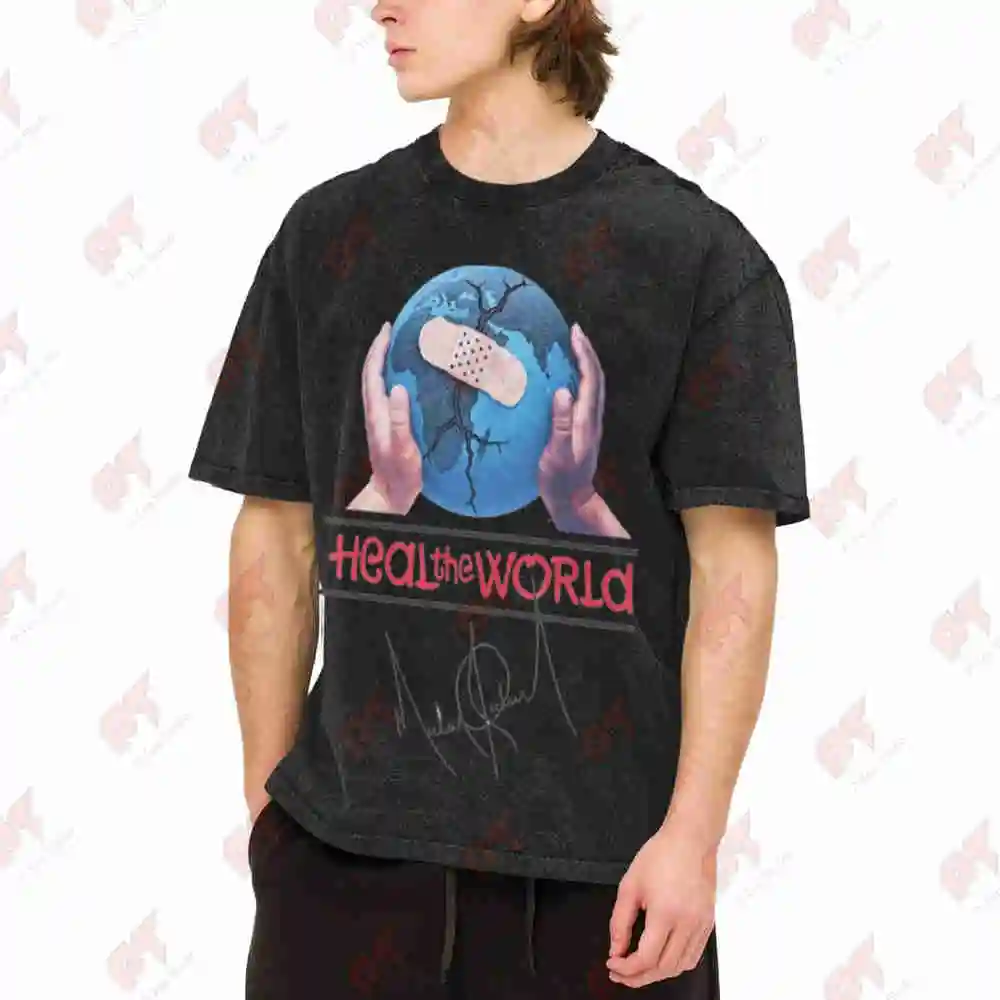 Heal The World Album MJ Autograph Vintage Washed Tee Pure Cotton T-Shirt
