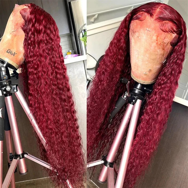 Peluca rizada de encaje frontal para mujer, pelo de bebé, sintético, resistente al calor, largo, suave, sin pegamento, rojo vino, 26 pulgadas