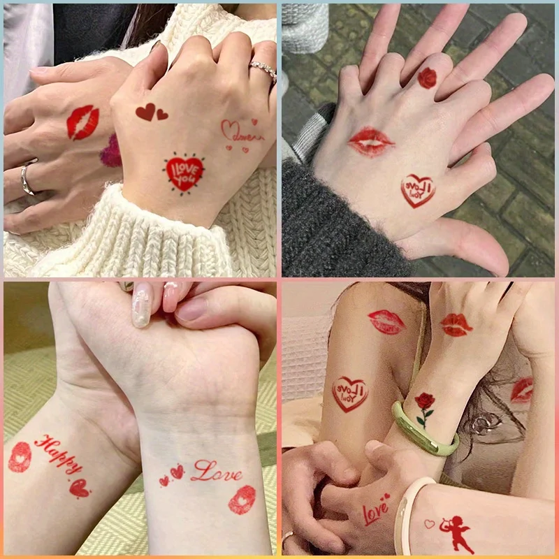 Temporary Tattoos, 10 Sheets Stickers with Heart, Rose, Lip Print and 