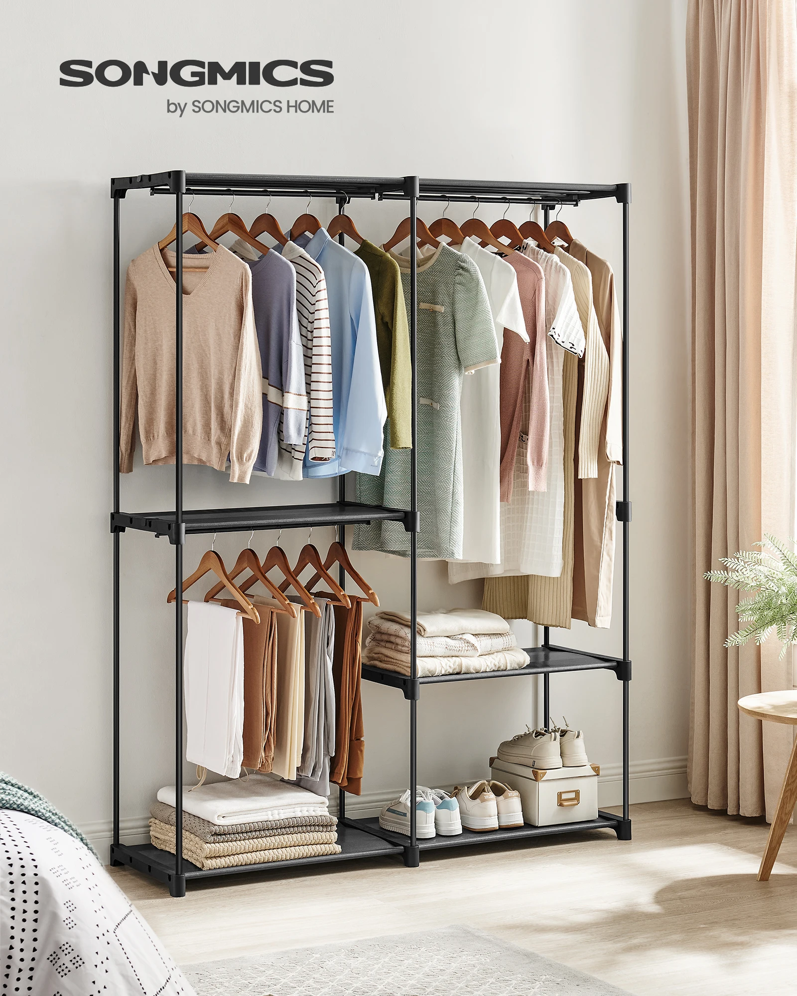 SONGMICS Clothes Wardrobe, Portable Closet, Clothes Garment Rack, 138 x 43 x 182 cm, 3 Hanging Rods and Shelves, Large Capacity