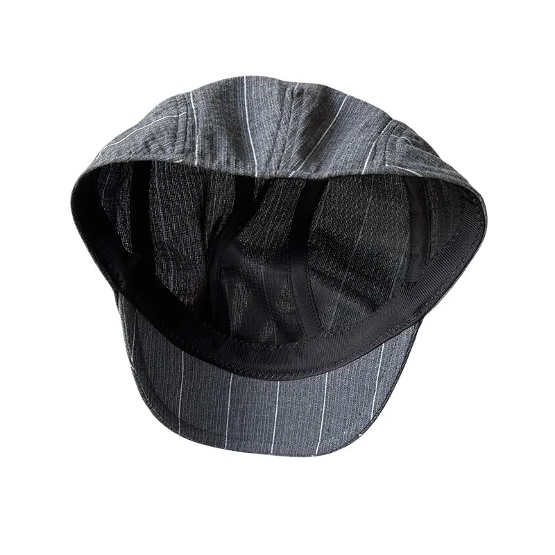 Spring And Summer Linen Casual Men Flat Summer Linen Beret Hat Woman Dark Gray Striped Breathable Cap Duckbill Driving Hats 026