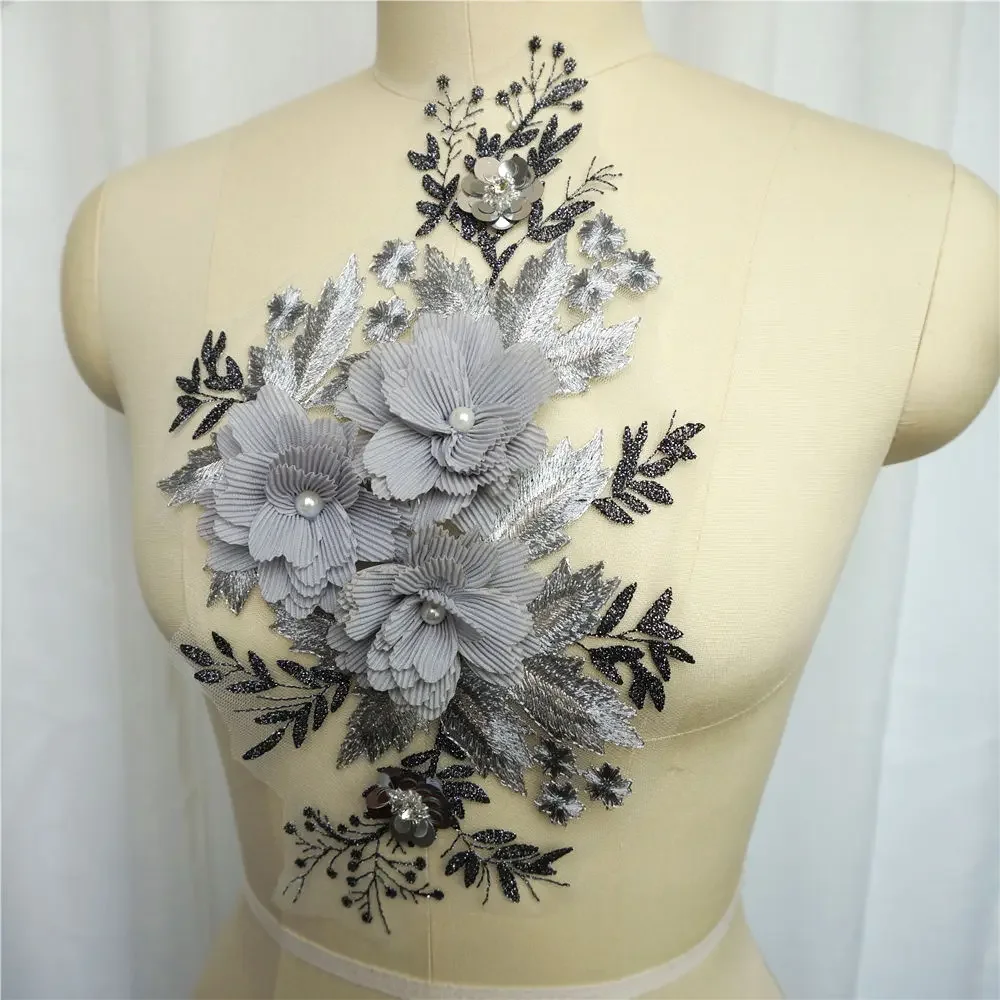 Grey Black 3D Flowers Beads Rhinestone Lace Fabric Embroidered Wedding Gown Appliques Sew Patch For Dress DIY Decoration