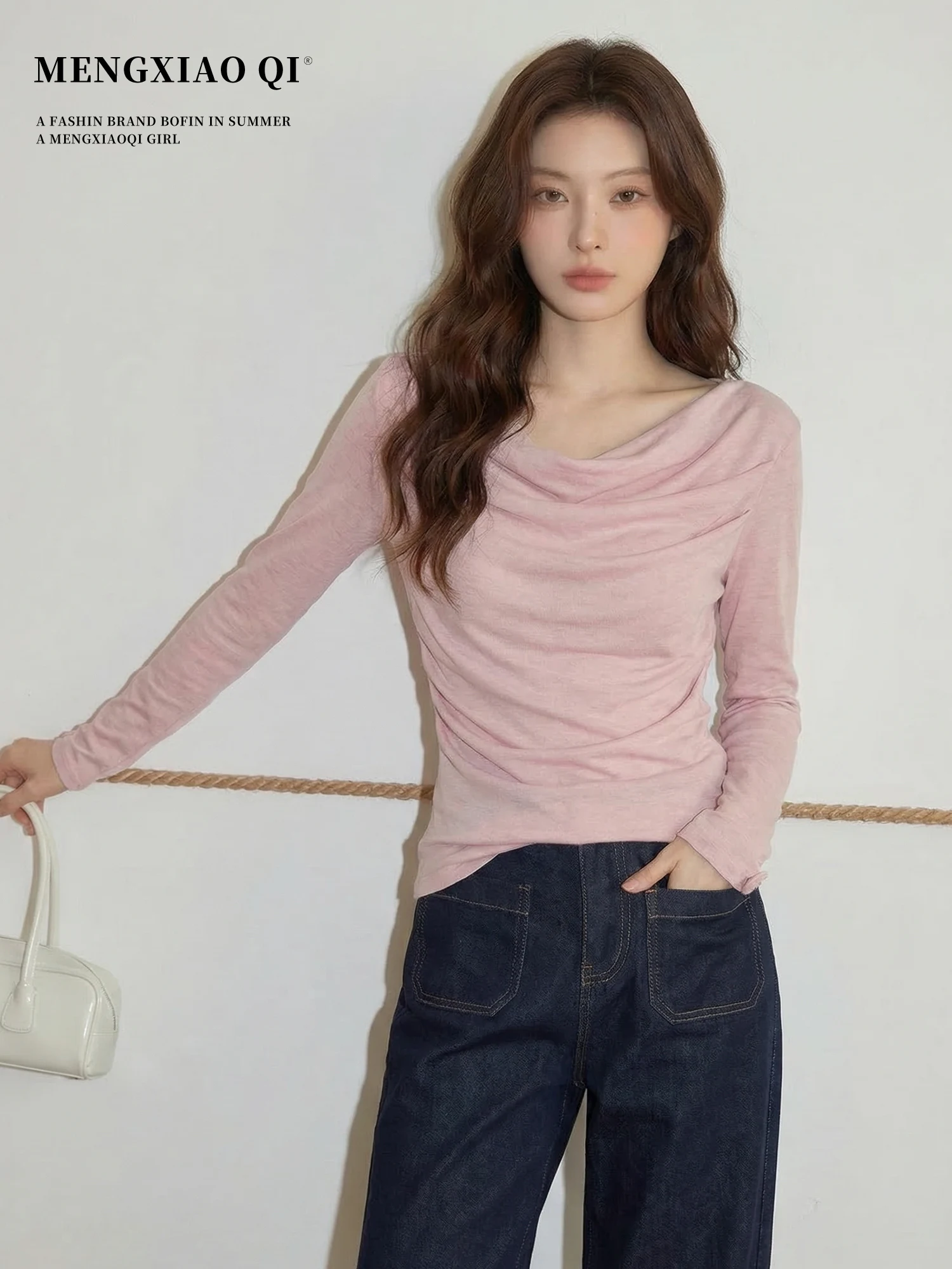 

Meng Xiaoqi Korean Style Soft Knitwear Pink Open Collar Loose Long Sleeve Women's Top Early Spring Slimming Effectiveness