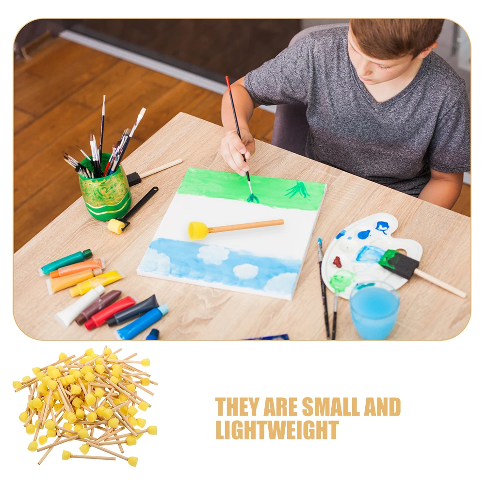 20pcs Painting Brush Set Round Foam Brushes For Kids Wooden Handle Sponge Art Tools Children Craft Supplies Bright Yellow
