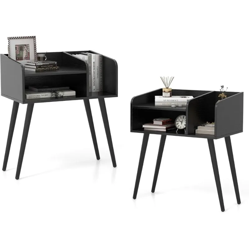 

Night Stand Set of 2 Small Bedside Table with Open Shelves Metal Legs Mid Century Modern Nightstand End Table for Bedroom