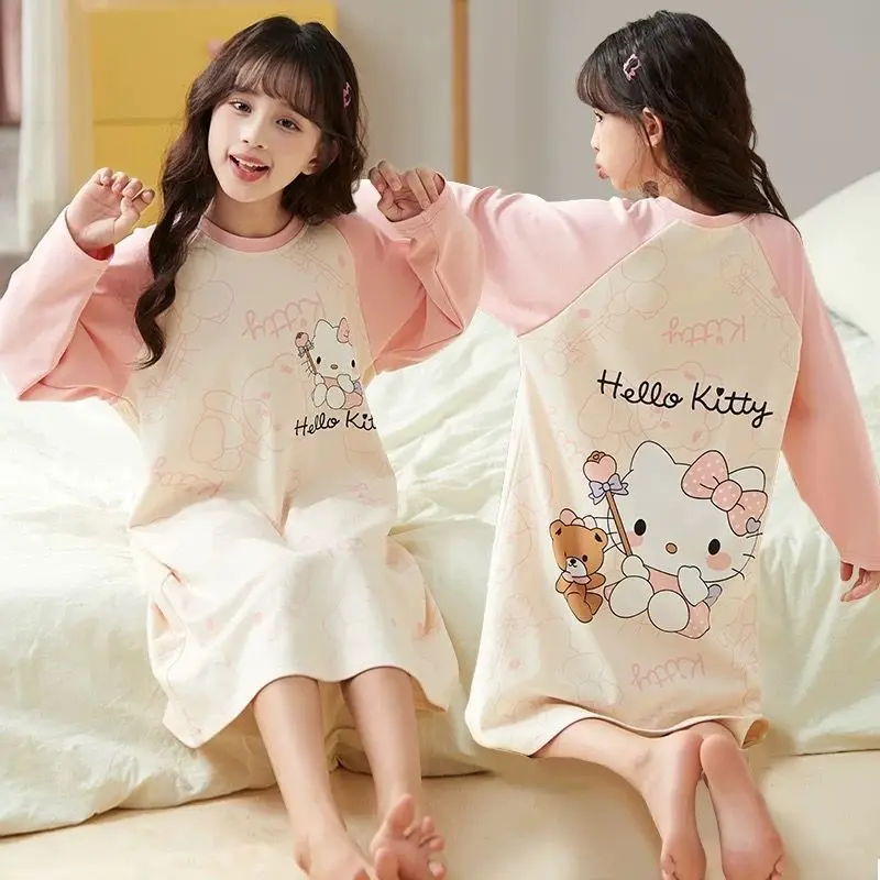 New Girl Sleeping Skirt Sanrio Kuromi Hello Kitty Kawaii Cartoon Gift Children Long Sleeves Leisure Wear Four Seasons Pajamas