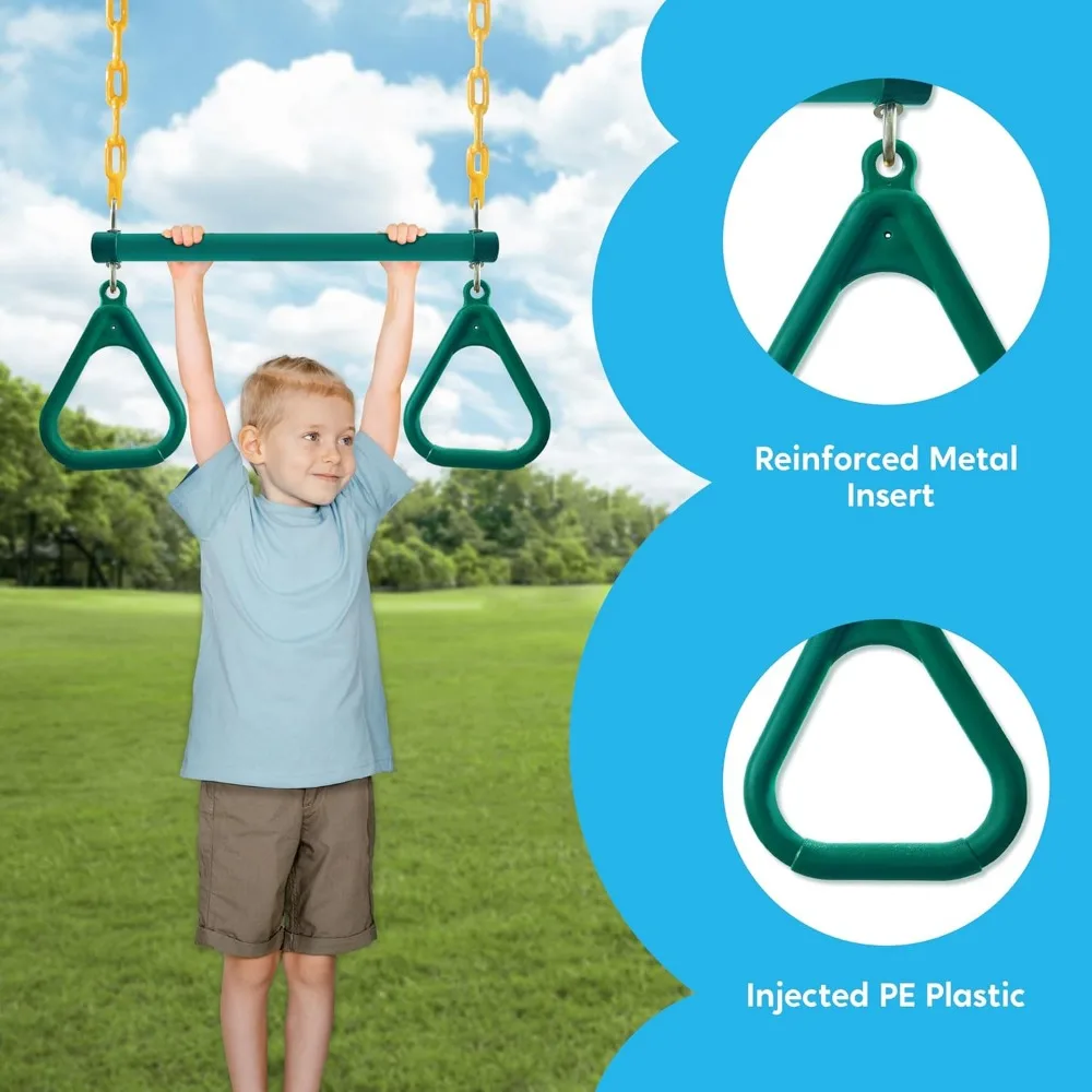 3 Pack Assorted Swing Set, Including 1 Gym Rings Trapeze Bar and 2 Pcs Swings with Plastic Coated Chain