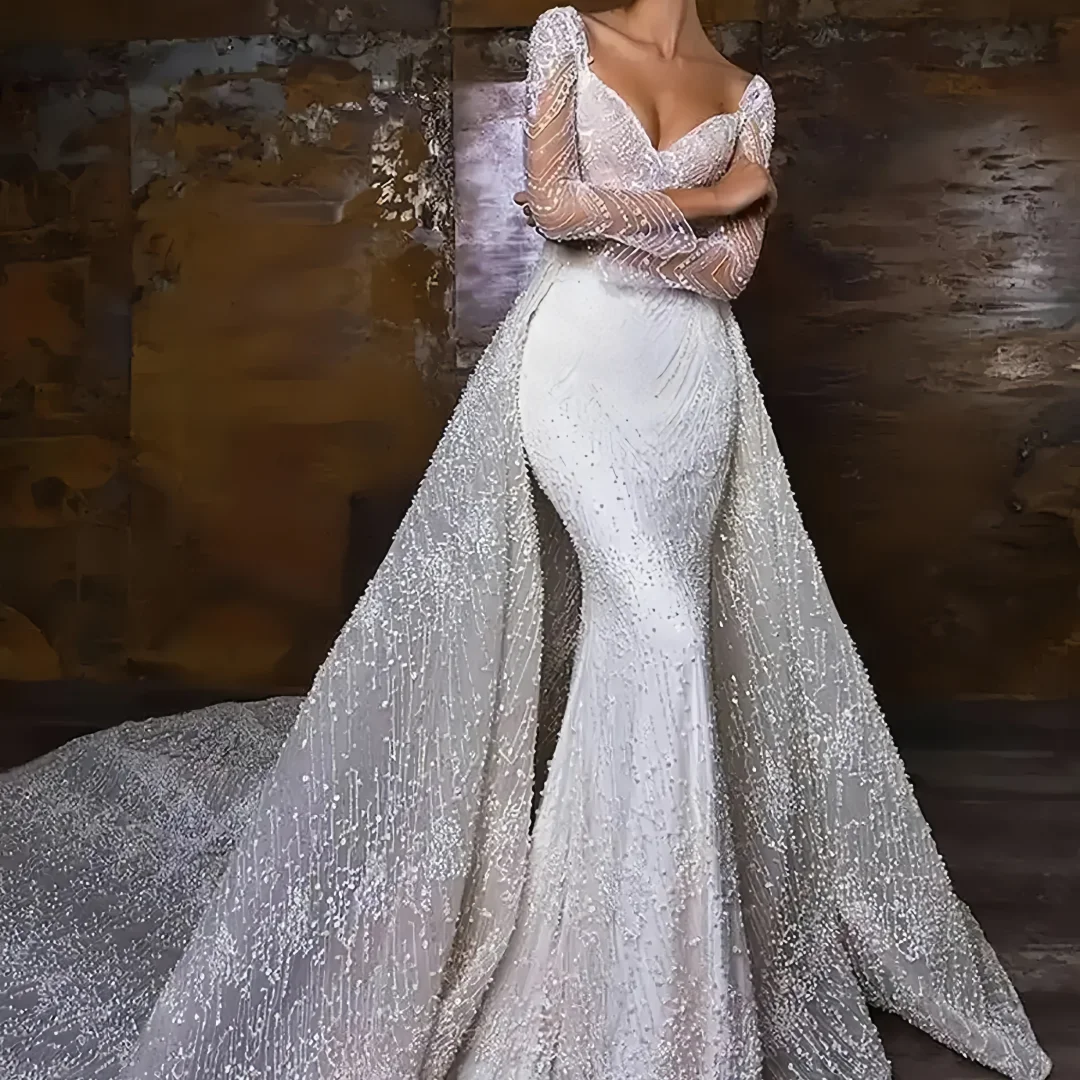 Suknie ślubne syreny na zamówienie, seksowne, dla kobiet, dekolt w serce, błyszczące, długie rękawy, suknia ślubna, sukienki odpinane.
