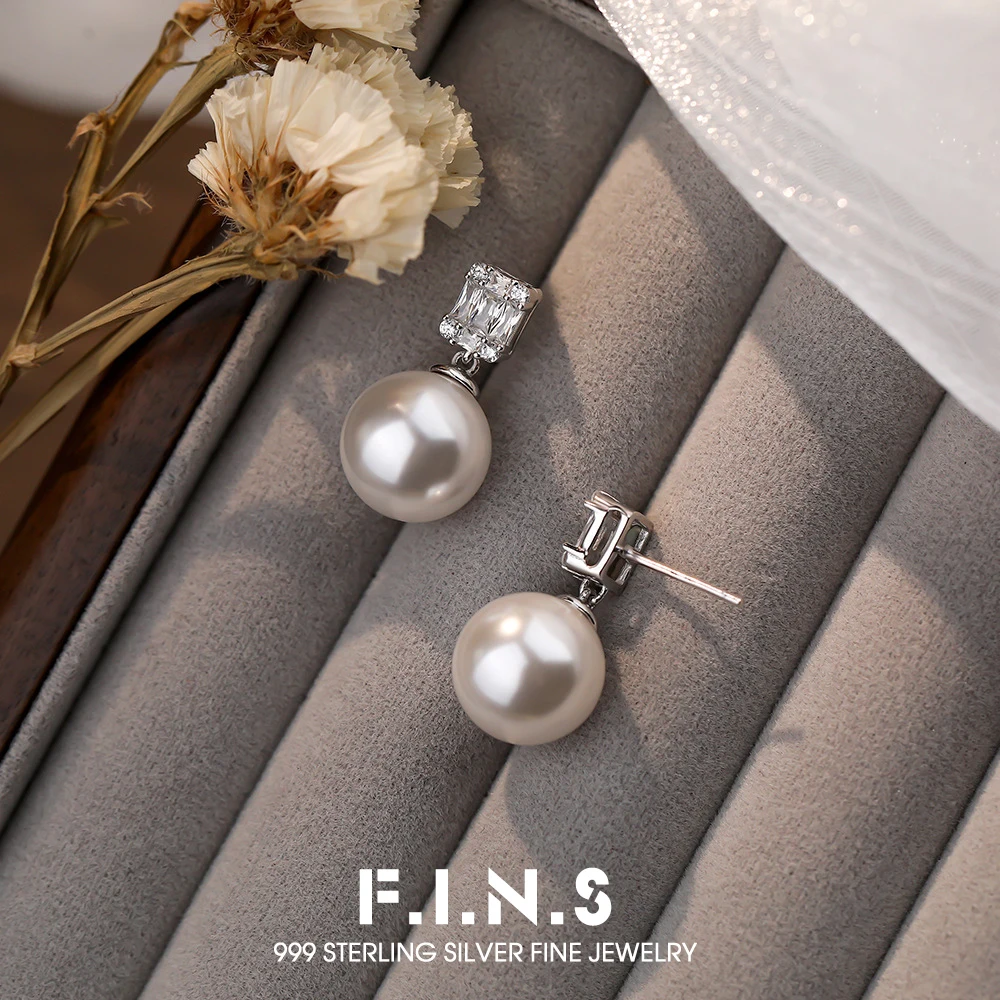 

F.I.N.S S999 Sterling Silver French Style Zirconia Pearl Stud Earrings for Women Luxury Piercing Ear Fine Jewelry Anti-Allergy