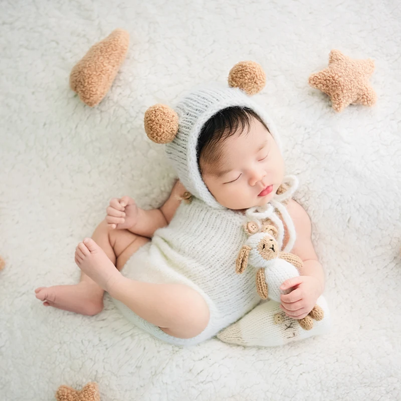 0-1m-新生児用ニット写真撮影衣装-ポンポン付きニット帽-ノースリーブロンパース-かわいいおもちゃ付き-新生児満月写真撮影用コスチューム