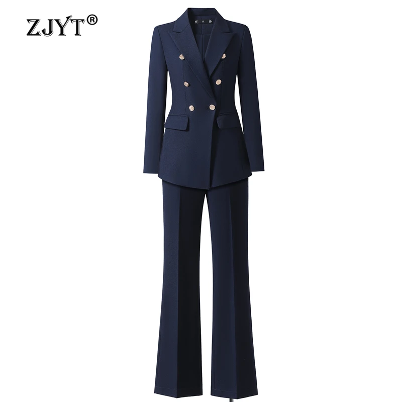 

ZJYT Women's Suit Blazer Pants Sets 2 Piece Outfits Elegant Chic Spring Autumn Woman Trouser Set White Blue Lady Formal Clothes
