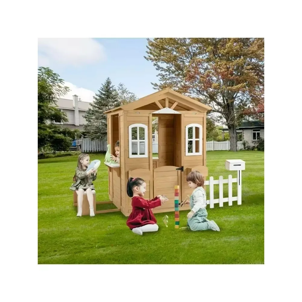 Playhouses,Wood Cottage Playhouse w/Mailbox Bench Door Windows Flowerpot Holde  Outdoor Playhouse for Age 3-6 Years Boys Girlsrs