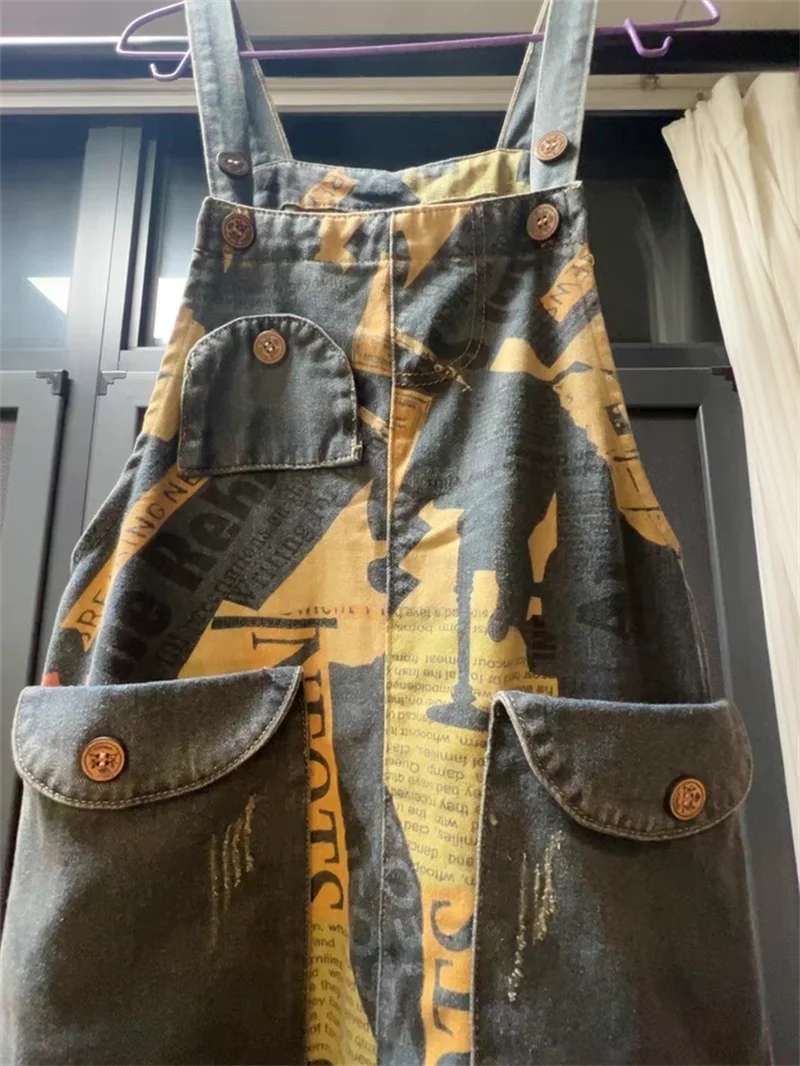 Nuove tute di jeans da donna primavera autunno tute stampate larghe moda retrò femminile casual spallacci pantaloni in denim