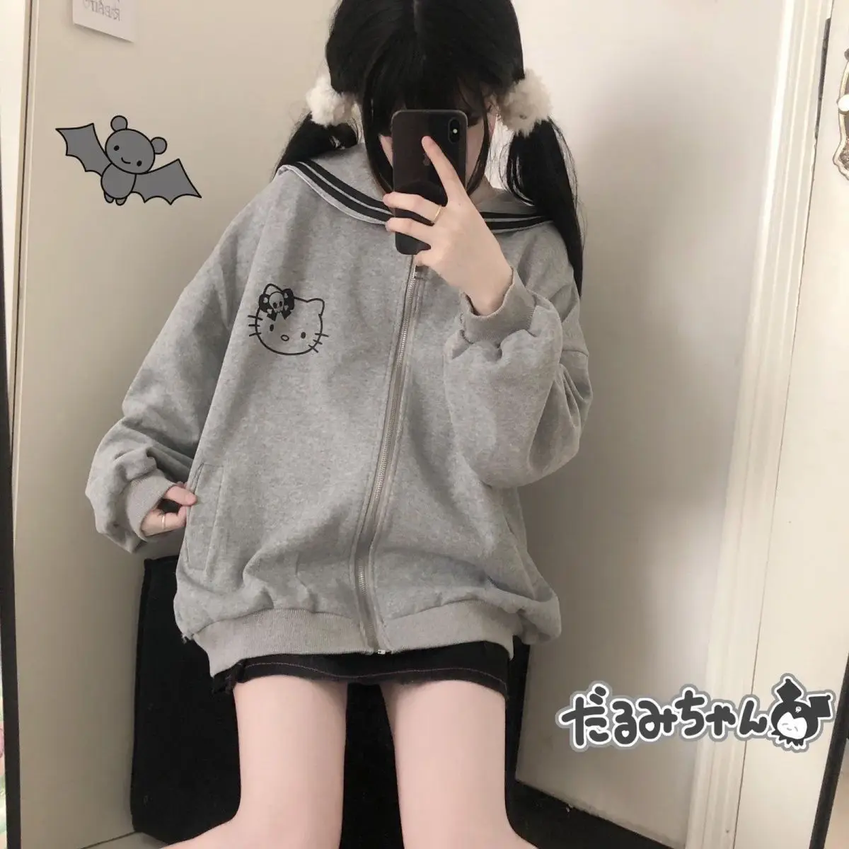 Hello Kitty Zipper Jacket Navy Collar Sanrioed Anime Kawaii Cardigan Hoodie Cotton Spring Girls Coat Japanese Loose Casual Cute