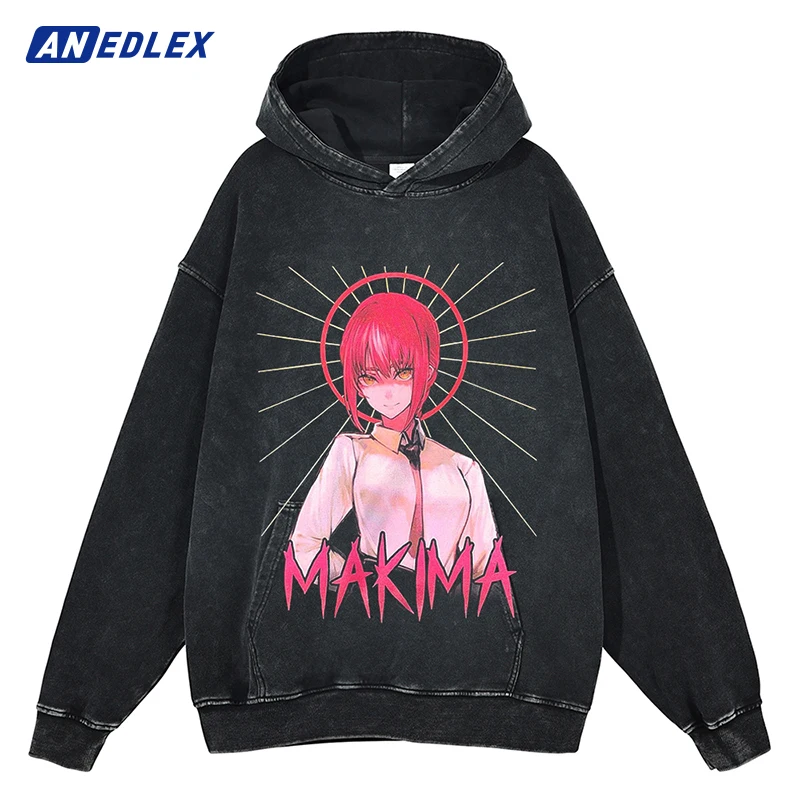 Harajuku Streetwear Men Washed Black Hoodie Sweatshirt Japanese Anime Girl  Graphic Hoodie Cotton Autumn Vintage Hooded Pullover