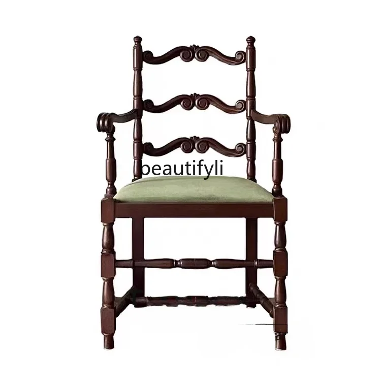 

P Solid wood carved dining chair North American retro log armrest tea seat B & B, art