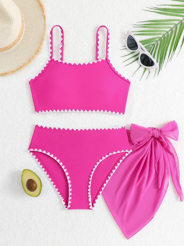 Bikini Girls Kids Swimsuit 2026 New Pink Sling Children Swimwear Summer High Waist Mesh Three Piece Beach Cover Up Bathing Suits