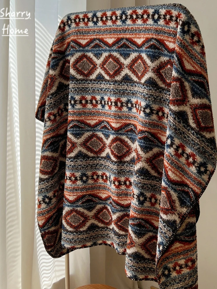 

Bohemian Style Geometric Half Fleece Needle Blanket for Nap on Sofa Office Area High Warmth Polyester Fiber Blanket